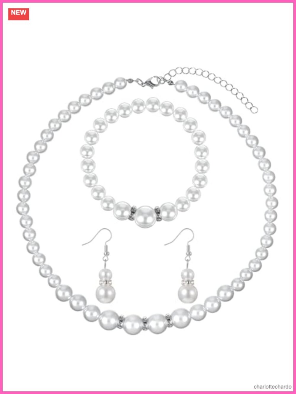 Faux Pearl Jewelry Set Women Necklace Bracelet Earrings Rhinestone Crystal